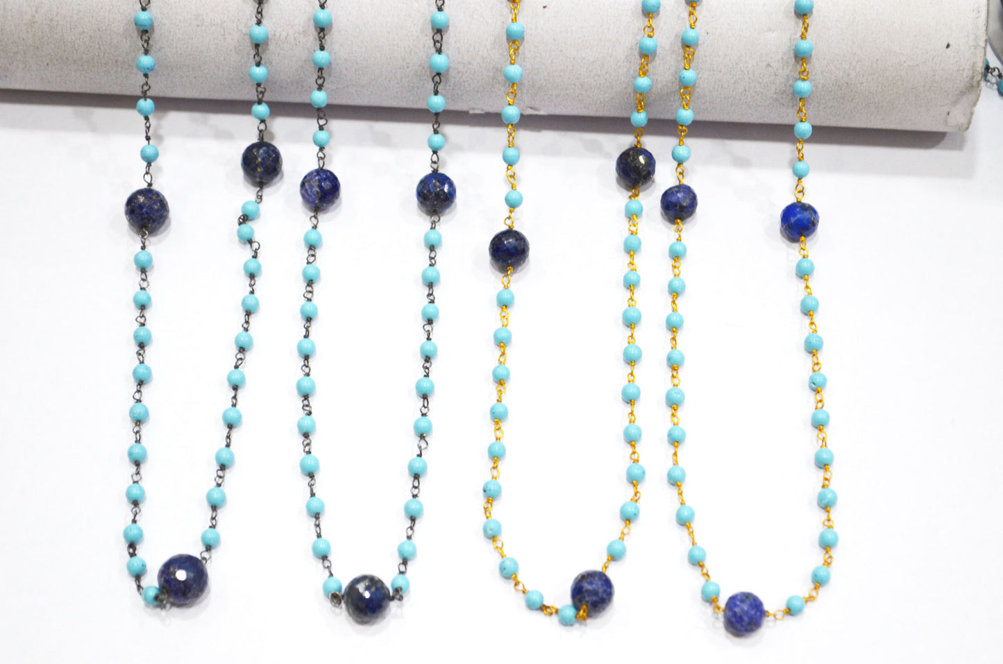 Magnesite Synthetic Turquoise Smooth Round Shape Rosary Beaded Chain , Lapis Round Shape Faceted Wire Wrapped Chain , 3.75 - 4 mm , RB-5786