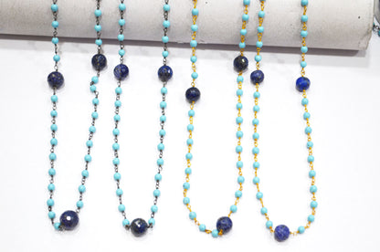 Magnesite Synthetic Turquoise Smooth Round Shape Rosary Beaded Chain , Lapis Round Shape Faceted Wire Wrapped Chain , 3.75 - 4 mm , RB-5786