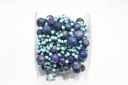 Magnesite Synthetic Turquoise Smooth Round Shape Rosary Beaded Chain , Lapis Round Shape Faceted Wire Wrapped Chain , 3.75 - 4 mm , RB-5786