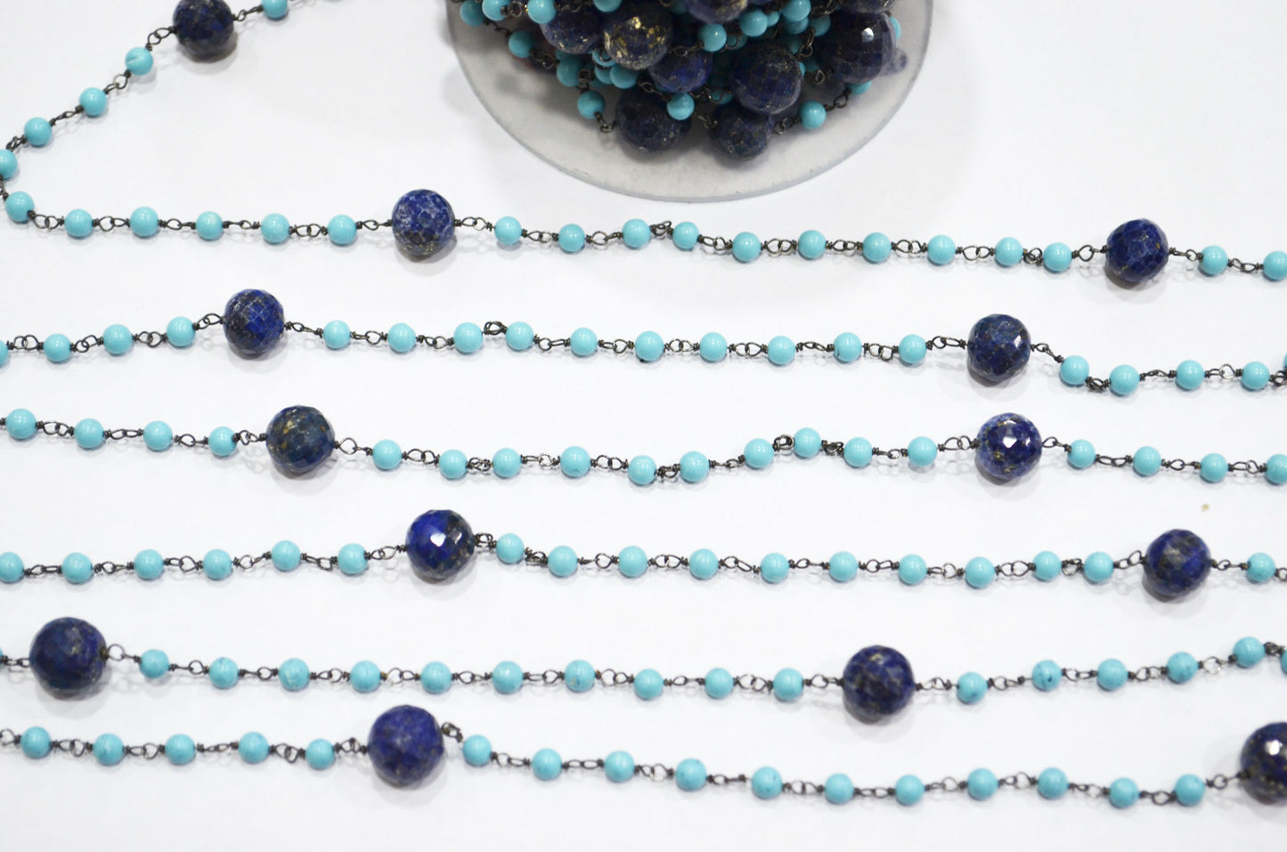 Magnesite Synthetic Turquoise Smooth Round Shape Rosary Beaded Chain , Lapis Round Shape Faceted Wire Wrapped Chain , 3.75 - 4 mm , RB-5786