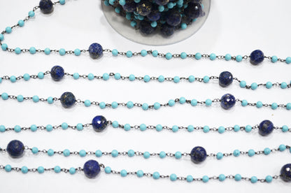 Magnesite Synthetic Turquoise Smooth Round Shape Rosary Beaded Chain , Lapis Round Shape Faceted Wire Wrapped Chain , 3.75 - 4 mm , RB-5786