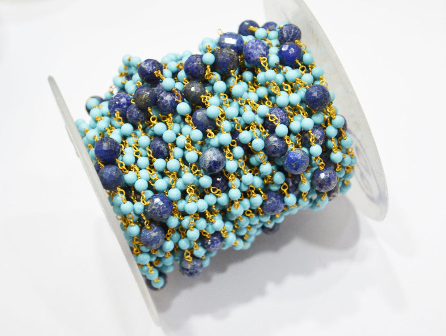 Magnesite Synthetic Turquoise Smooth Round Shape Rosary Beaded Chain , Lapis Round Shape Faceted Wire Wrapped Chain , 3.75 - 4 mm , RB-5786