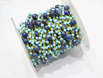 Magnesite Synthetic Turquoise Smooth Round Shape Rosary Beaded Chain , Lapis Round Shape Faceted Wire Wrapped Chain , 3.75 - 4 mm , RB-5786