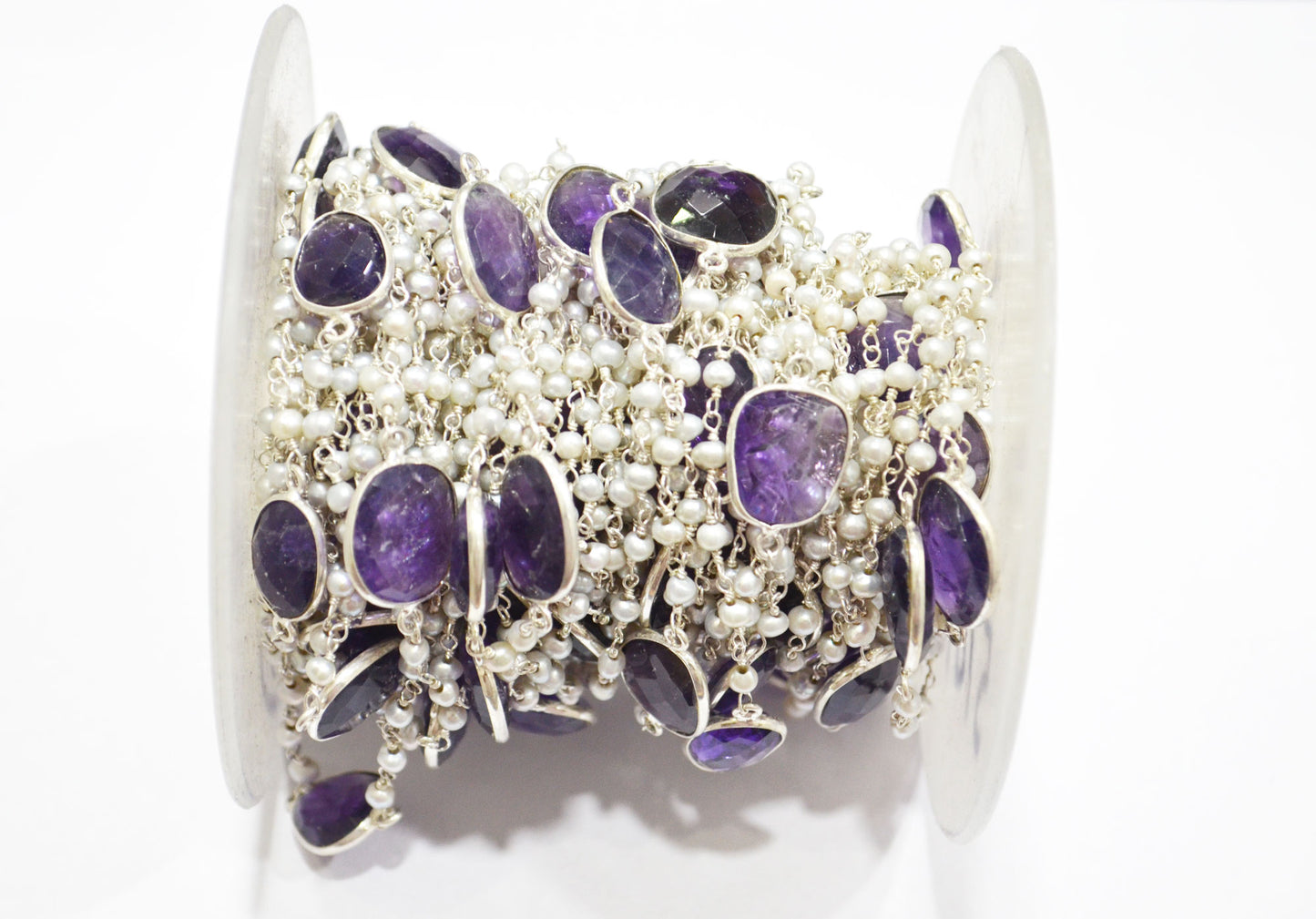 Pearl Smooth Round Shape Rosary Beaded Chain , Amethyst Faceted Connector Wire Wrapped Chain , 3 - 3.25 mm , RB-5787