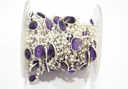 Pearl Smooth Round Shape Rosary Beaded Chain , Amethyst Faceted Connector Wire Wrapped Chain , 3 - 3.25 mm , RB-5787