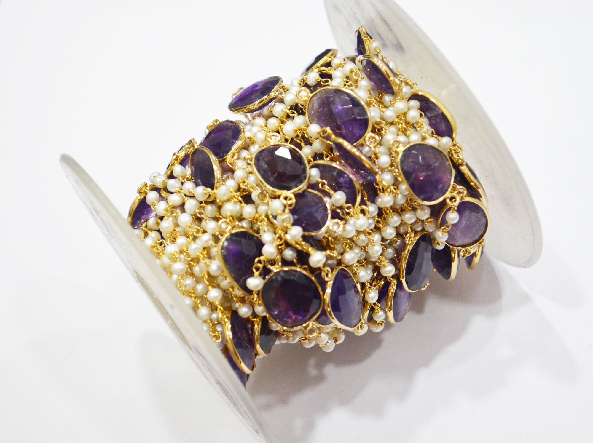 Pearl Smooth Round Shape Rosary Beaded Chain , Amethyst Faceted Connector Wire Wrapped Chain , 3 - 3.25 mm , RB-5787