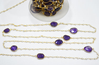Pearl Smooth Round Shape Rosary Beaded Chain , Amethyst Faceted Connector Wire Wrapped Chain , 3 - 3.25 mm , RB-5787