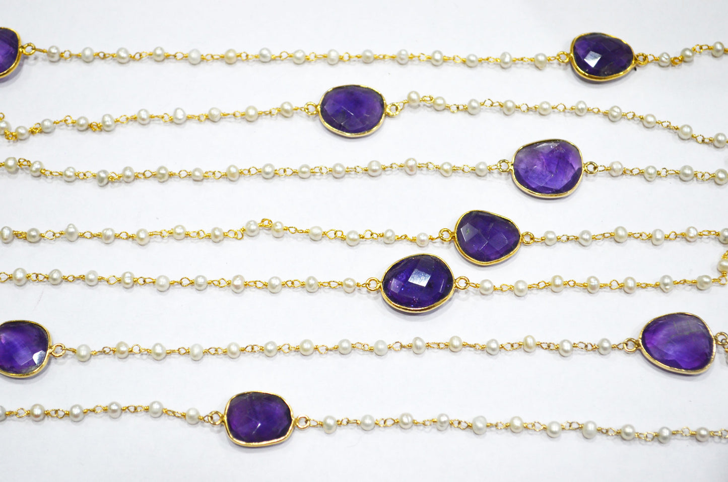 Pearl Smooth Round Shape Rosary Beaded Chain , Amethyst Faceted Connector Wire Wrapped Chain , 3 - 3.25 mm , RB-5787