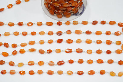 Carnelian Faceted Oval Shape Rosary Beaded Chain , 7 - 10 mm , RB-5790