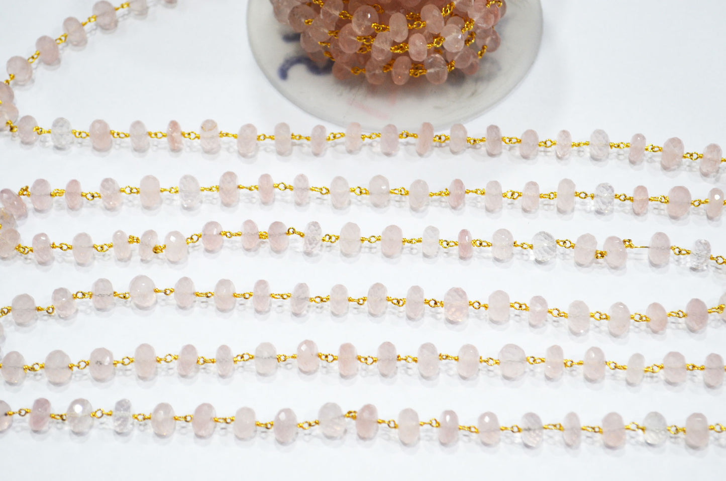 Rose Quartz Rondelle Shape Rosary Beaded Chain , 7.50 - 8.50 mm , RB-5794