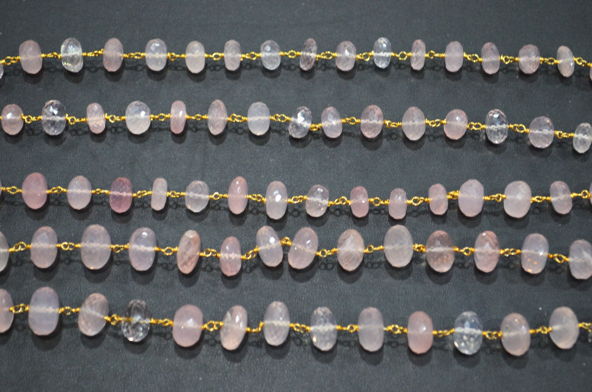 Rose Quartz Rondelle Shape Rosary Beaded Chain , 9 - 10 mm , RB-5795
