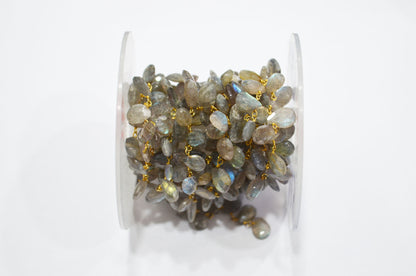Labradorite Pear Shape Rosary Beaded Chain , Sold By Foot , 7 - 10 mm , RB-5796