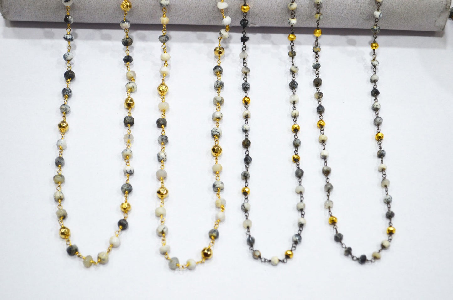 Dendrite Opal Faceted Rondelle Shape Rosary Beaded Chain , Dendrite Opal With Gold Pyrite Rondelle Wire Wrapped Chain , 4 - 5 mm , RB-5797