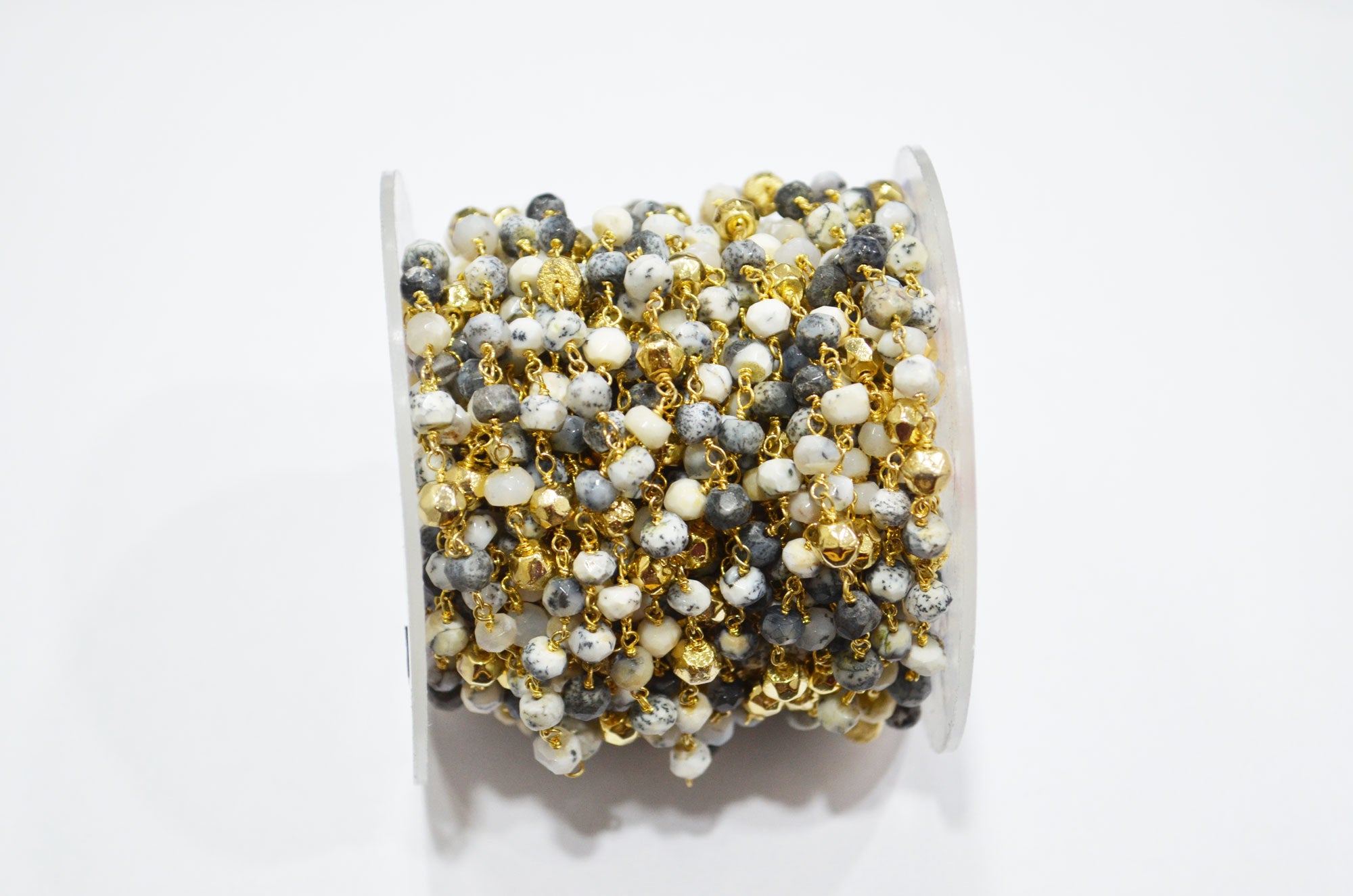 Dendrite Opal Faceted Rondelle Shape Rosary Beaded Chain , Dendrite Opal With Gold Pyrite Rondelle Wire Wrapped Chain , 4 - 5 mm , RB-5797