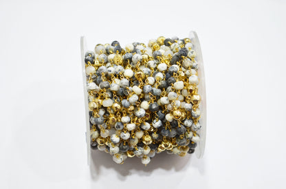 Dendrite Opal Faceted Rondelle Shape Rosary Beaded Chain , Dendrite Opal With Gold Pyrite Rondelle Wire Wrapped Chain , 4 - 5 mm , RB-5797