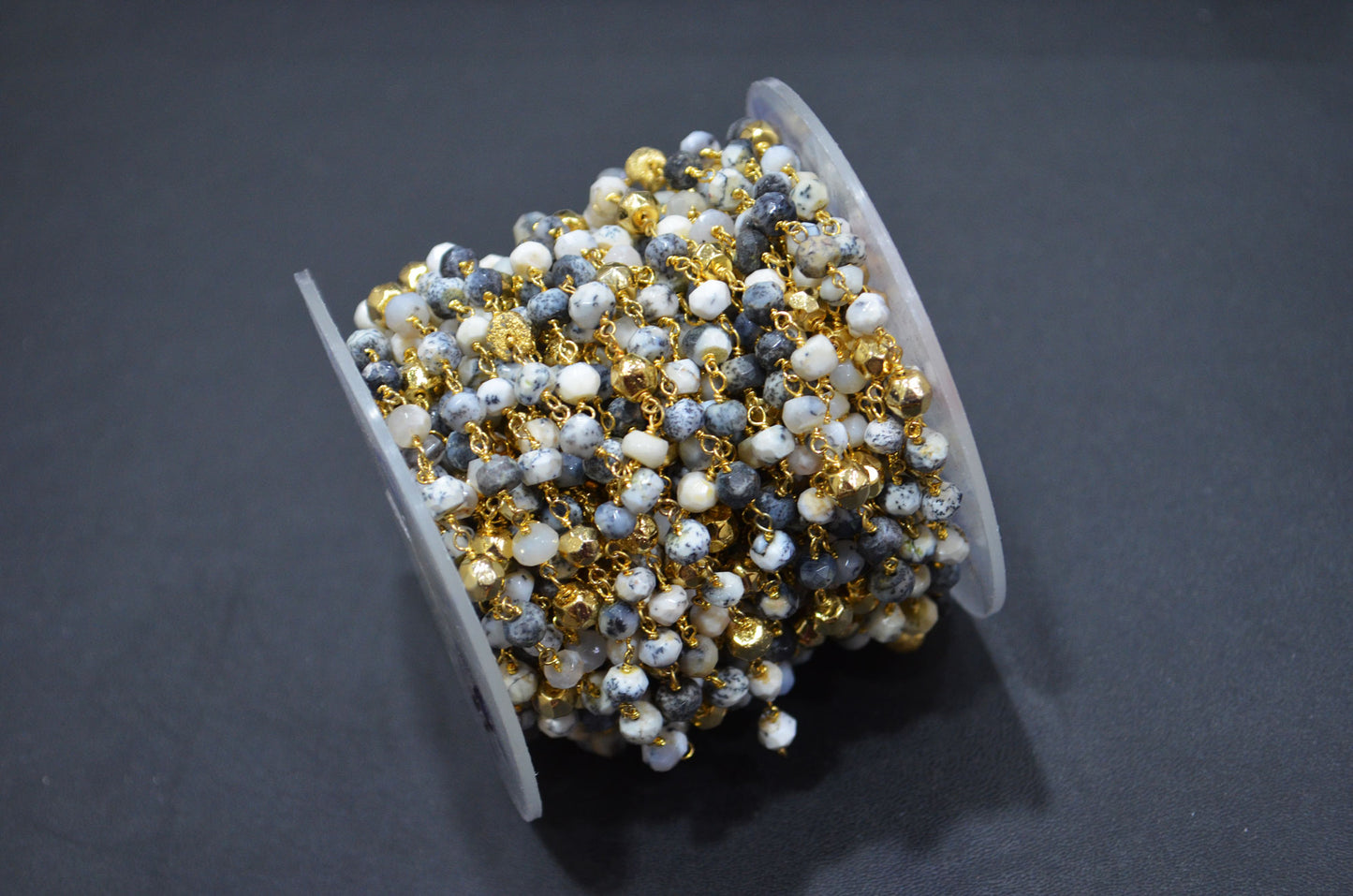 Dendrite Opal Faceted Rondelle Shape Rosary Beaded Chain , Dendrite Opal With Gold Pyrite Rondelle Wire Wrapped Chain , 4 - 5 mm , RB-5797