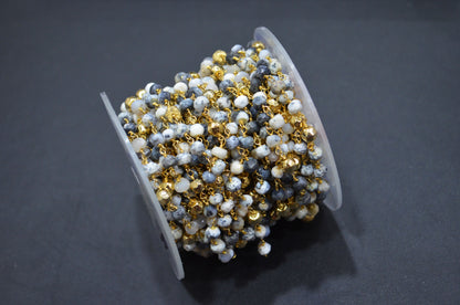 Dendrite Opal Faceted Rondelle Shape Rosary Beaded Chain , Dendrite Opal With Gold Pyrite Rondelle Wire Wrapped Chain , 4 - 5 mm , RB-5797