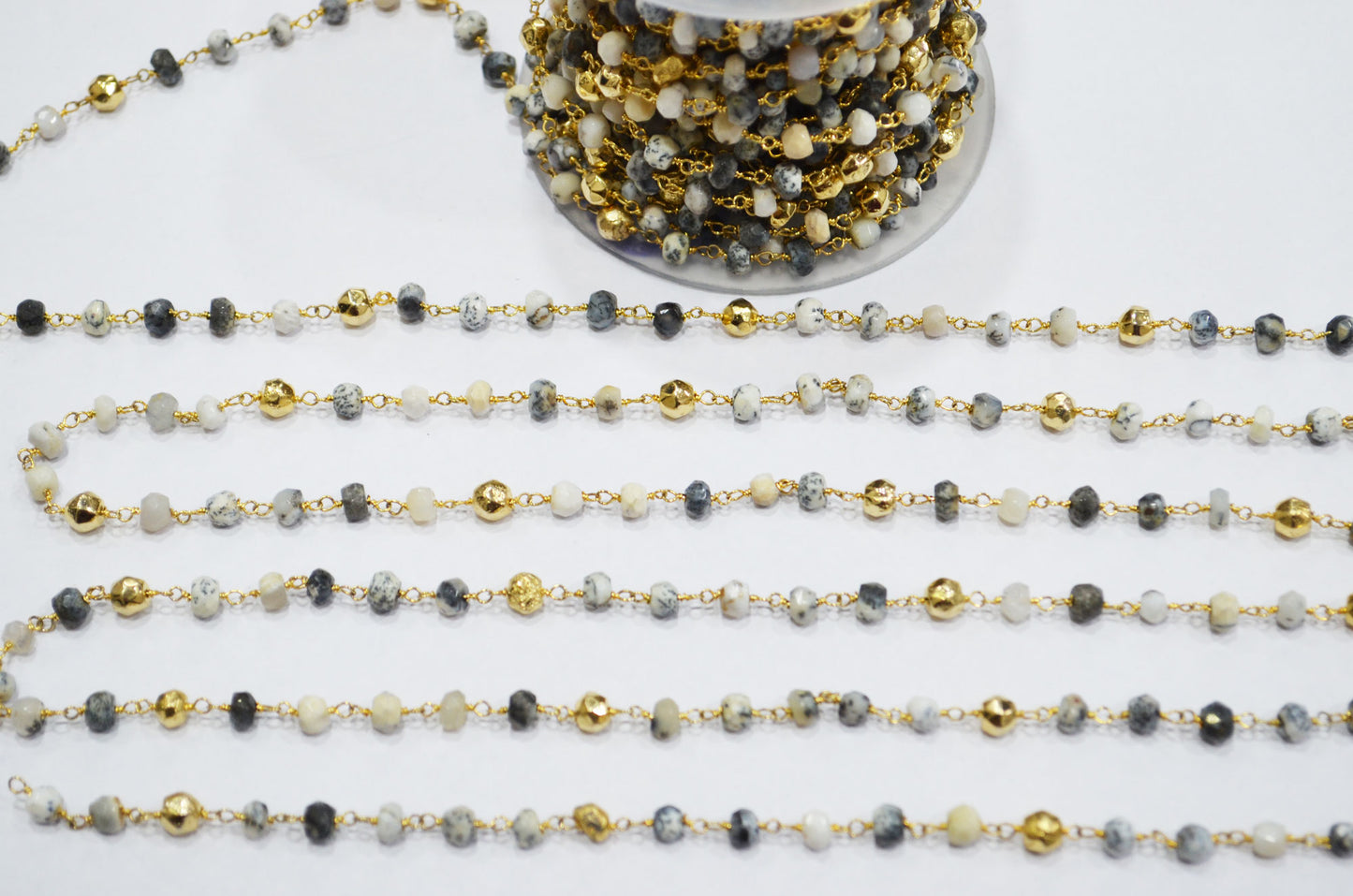 Dendrite Opal Faceted Rondelle Shape Rosary Beaded Chain , Dendrite Opal With Gold Pyrite Rondelle Wire Wrapped Chain , 4 - 5 mm , RB-5797