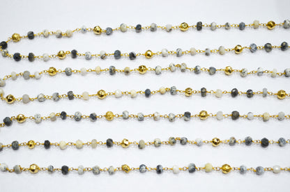 Dendrite Opal Faceted Rondelle Shape Rosary Beaded Chain , Dendrite Opal With Gold Pyrite Rondelle Wire Wrapped Chain , 4 - 5 mm , RB-5797