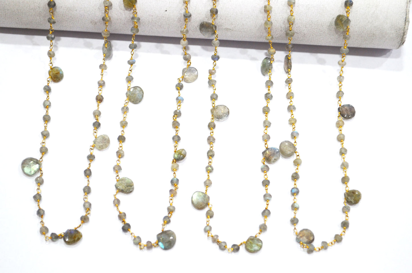 Labradorite Faceted Rondelle Shape Rosary Beaded Chain , Labradorite Faceted Heart Shape Wire Wrapped Chain , 4 - 4.50 mm , RB-5799