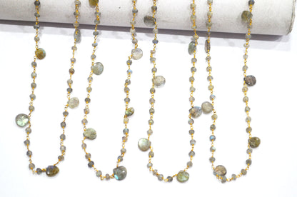 Labradorite Faceted Rondelle Shape Rosary Beaded Chain , Labradorite Faceted Heart Shape Wire Wrapped Chain , 4 - 4.50 mm , RB-5799