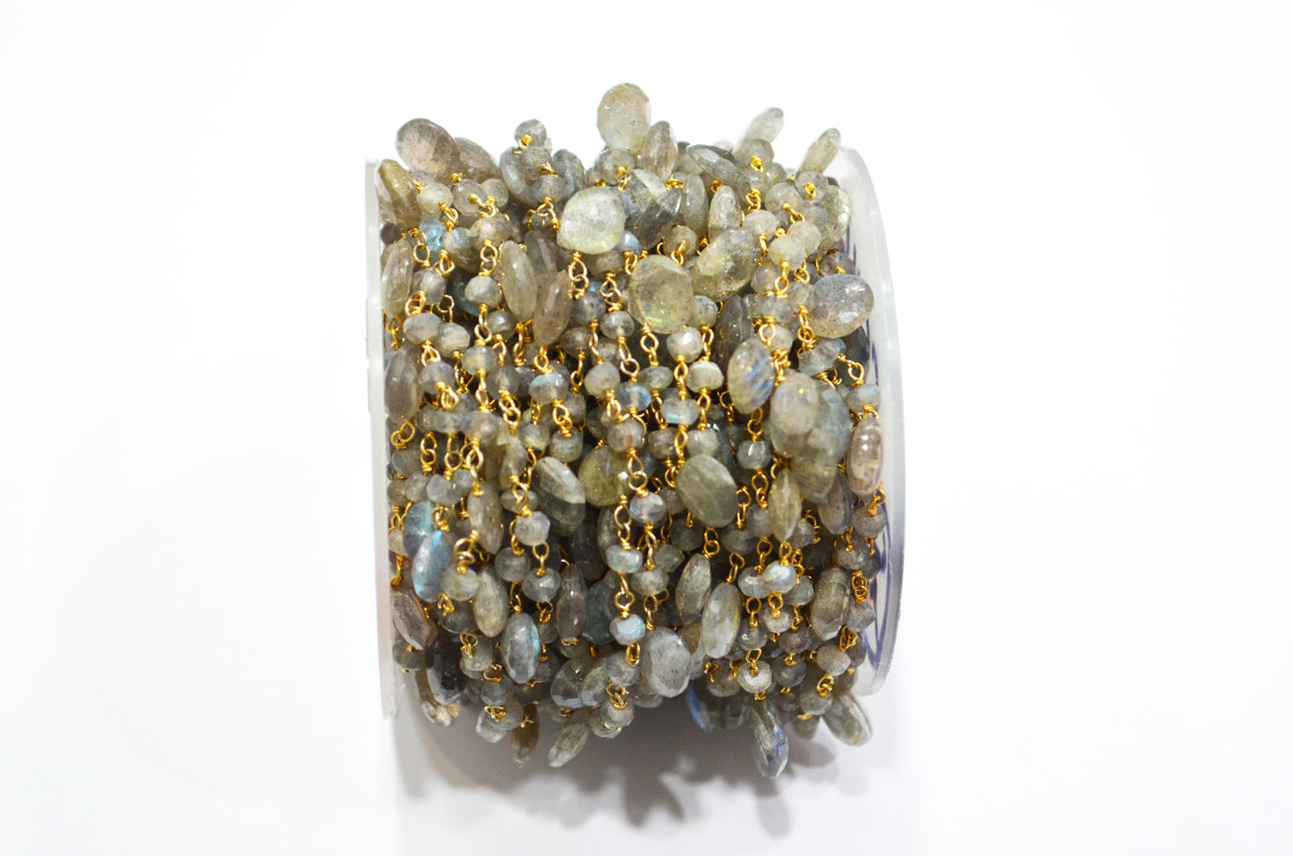 Labradorite Faceted Rondelle Shape Rosary Beaded Chain , Labradorite Faceted Heart Shape Wire Wrapped Chain , 4 - 4.50 mm , RB-5799