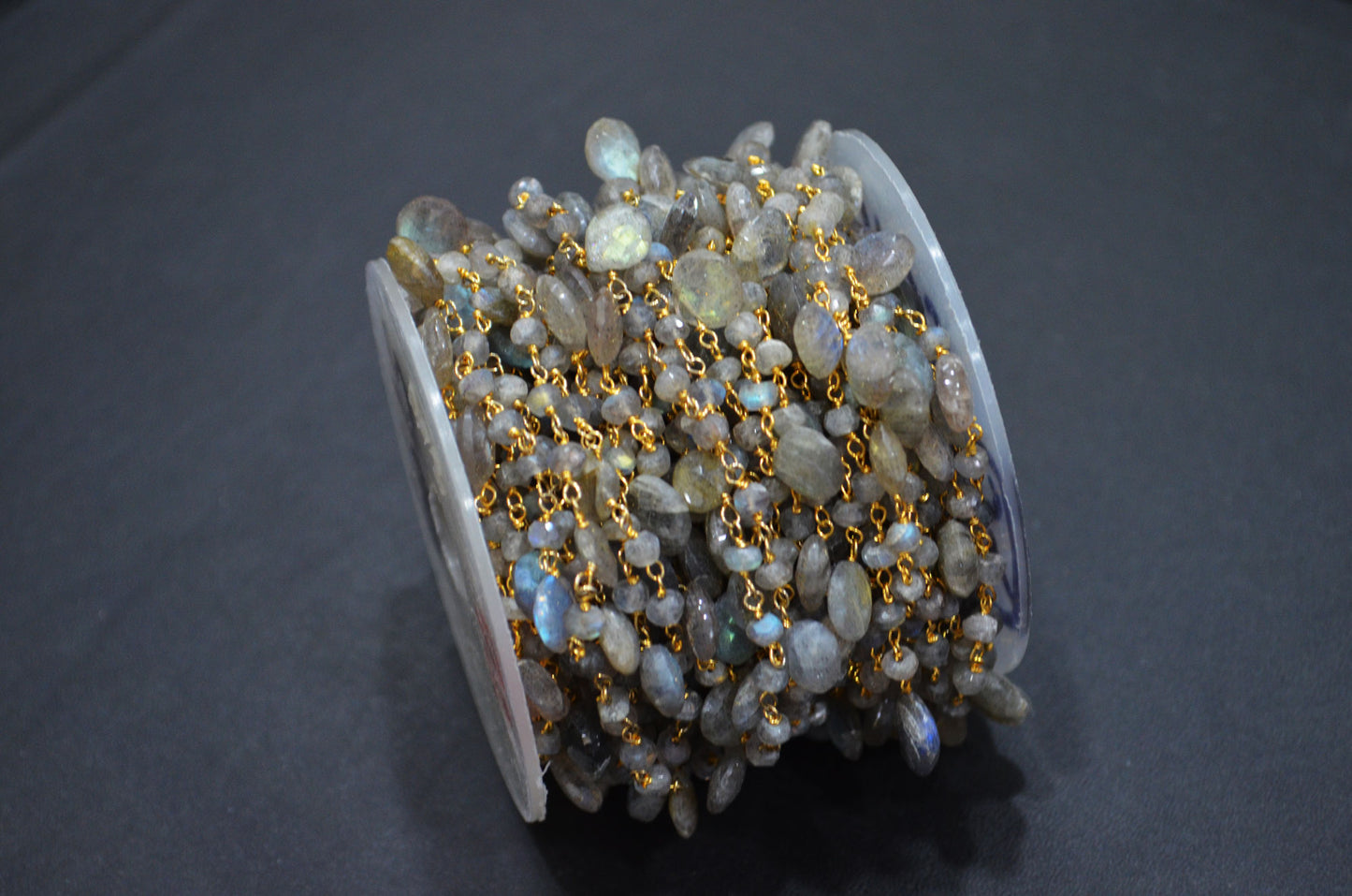 Labradorite Faceted Rondelle Shape Rosary Beaded Chain , Labradorite Faceted Heart Shape Wire Wrapped Chain , 4 - 4.50 mm , RB-5799