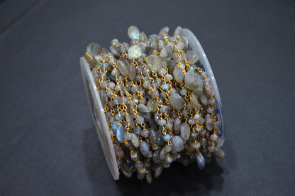 Labradorite Faceted Rondelle Shape Rosary Beaded Chain , Labradorite Faceted Heart Shape Wire Wrapped Chain , 4 - 4.50 mm , RB-5799