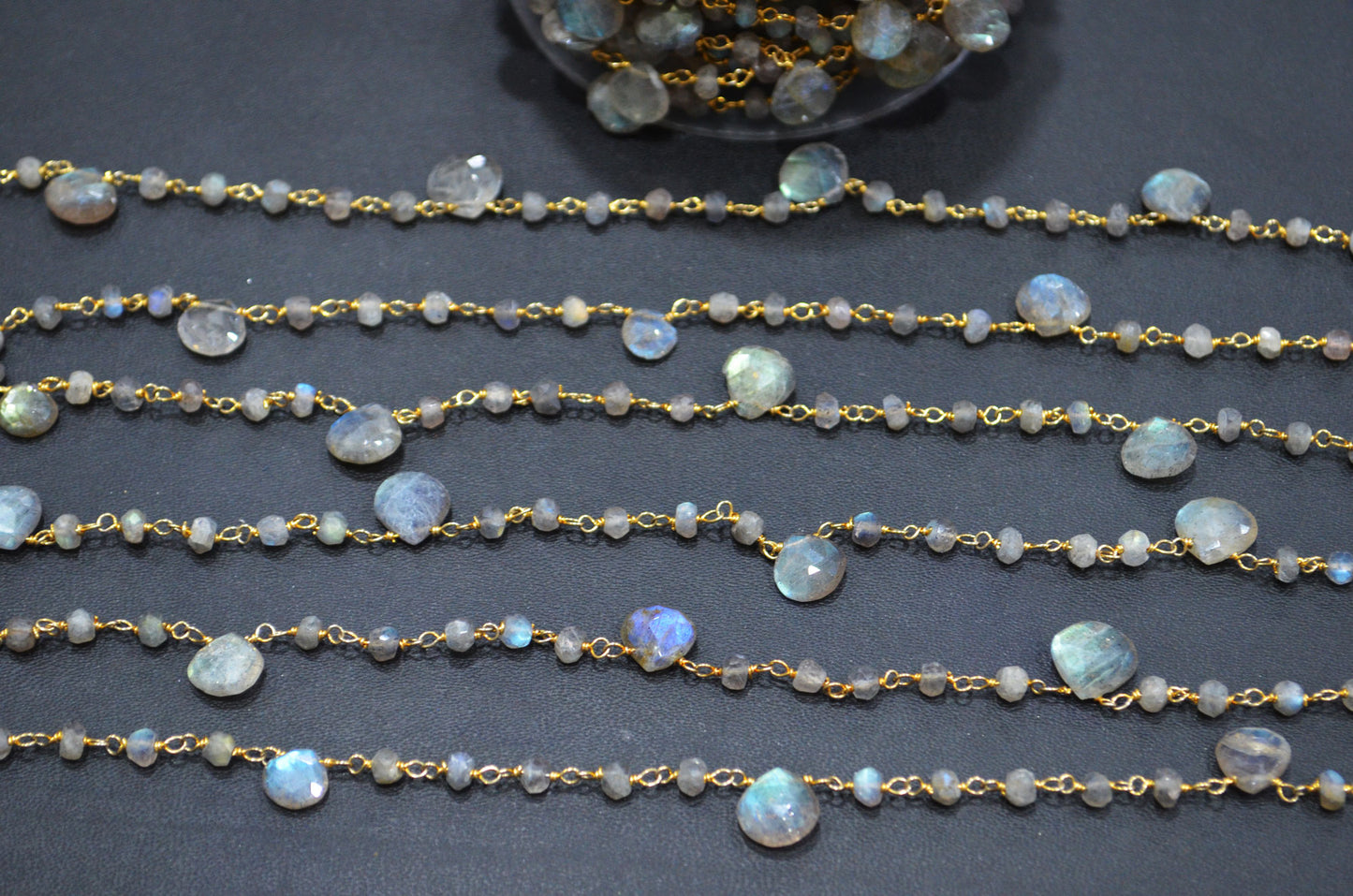 Labradorite Faceted Rondelle Shape Rosary Beaded Chain , Labradorite Faceted Heart Shape Wire Wrapped Chain , 4 - 4.50 mm , RB-5799