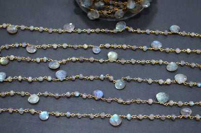 Labradorite Faceted Rondelle Shape Rosary Beaded Chain , Labradorite Faceted Heart Shape Wire Wrapped Chain , 4 - 4.50 mm , RB-5799