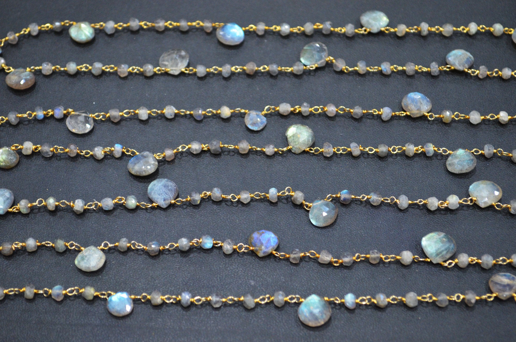 Labradorite Faceted Rondelle Shape Rosary Beaded Chain , Labradorite Faceted Heart Shape Wire Wrapped Chain , 4 - 4.50 mm , RB-5799
