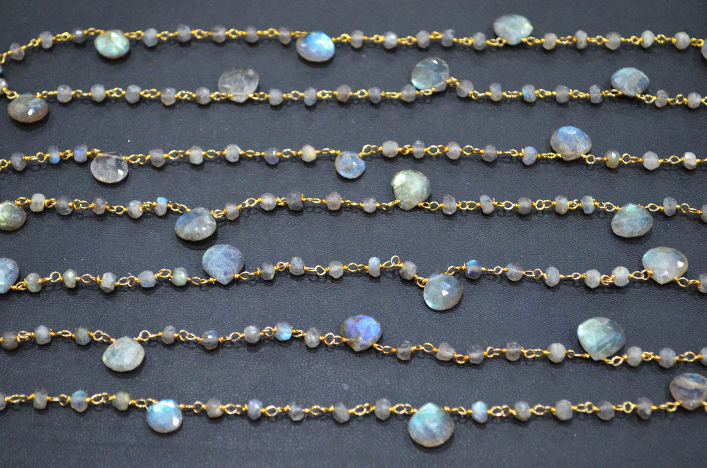 Labradorite Faceted Rondelle Shape Rosary Beaded Chain , Labradorite Faceted Heart Shape Wire Wrapped Chain , 4 - 4.50 mm , RB-5799