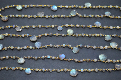 Labradorite Faceted Rondelle Shape Rosary Beaded Chain , Labradorite Faceted Heart Shape Wire Wrapped Chain , 4 - 4.50 mm , RB-5799