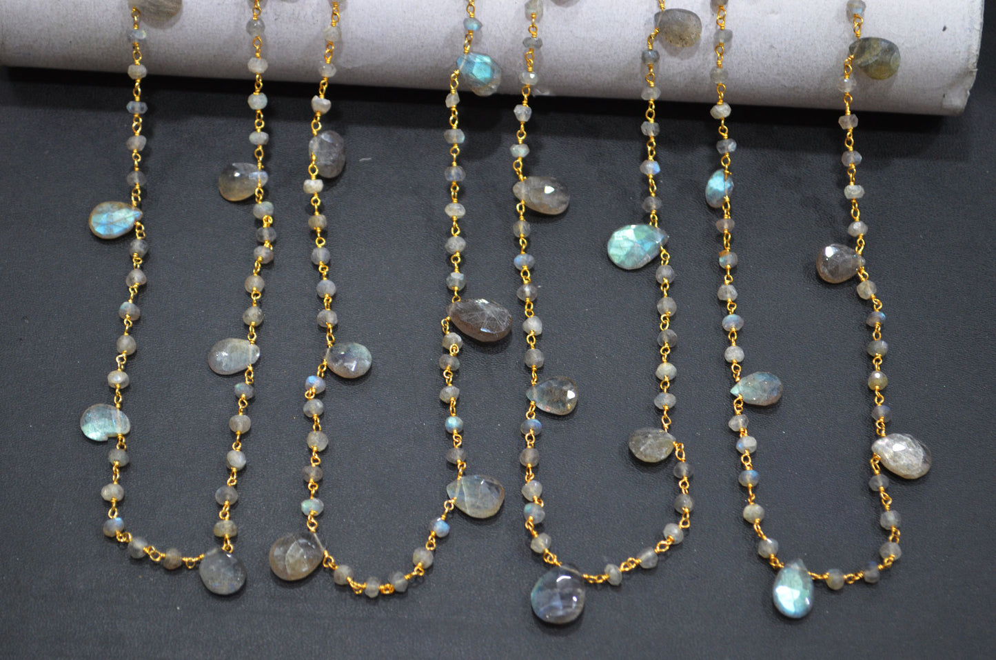 Labradorite Faceted Rondelle Shape Rosary Beaded Chain , Labradorite Faceted Pear Shape Wire Wrapped Chain , 4 - 4.50 mm , RB-5800