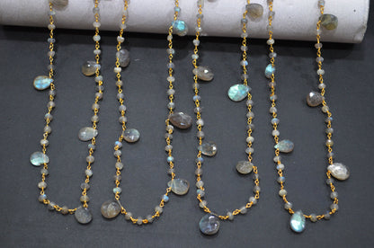 Labradorite Faceted Rondelle Shape Rosary Beaded Chain , Labradorite Faceted Pear Shape Wire Wrapped Chain , 4 - 4.50 mm , RB-5800