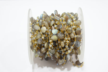 Labradorite Faceted Rondelle Shape Rosary Beaded Chain , Labradorite Faceted Pear Shape Wire Wrapped Chain , 4 - 4.50 mm , RB-5800
