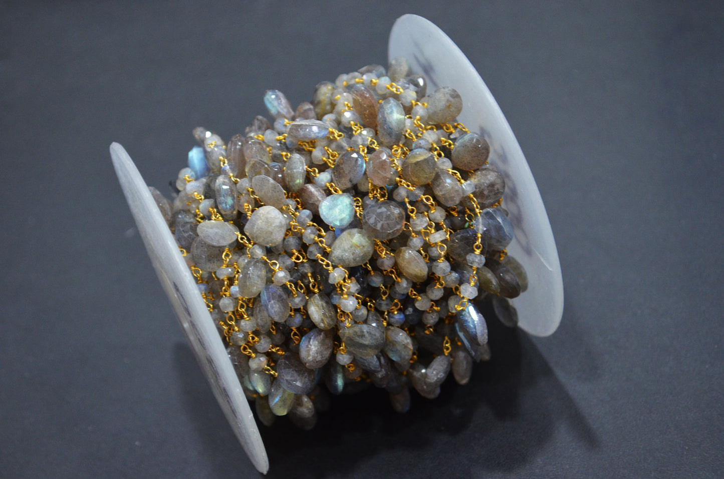 Labradorite Faceted Rondelle Shape Rosary Beaded Chain , Labradorite Faceted Pear Shape Wire Wrapped Chain , 4 - 4.50 mm , RB-5800