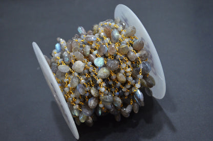 Labradorite Faceted Rondelle Shape Rosary Beaded Chain , Labradorite Faceted Pear Shape Wire Wrapped Chain , 4 - 4.50 mm , RB-5800