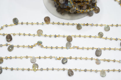 Labradorite Faceted Rondelle Shape Rosary Beaded Chain , Labradorite Faceted Pear Shape Wire Wrapped Chain , 4 - 4.50 mm , RB-5800