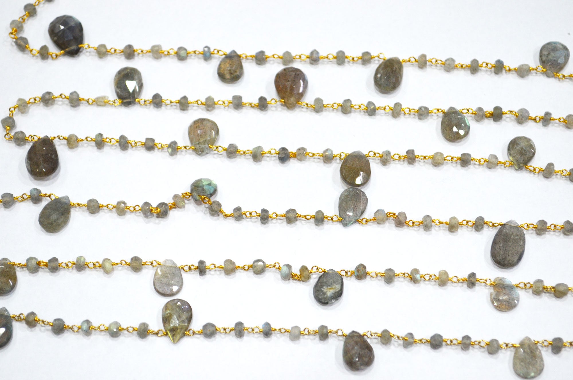 Labradorite Faceted Rondelle Shape Rosary Beaded Chain , Labradorite Faceted Pear Shape Wire Wrapped Chain , 4 - 4.50 mm , RB-5800