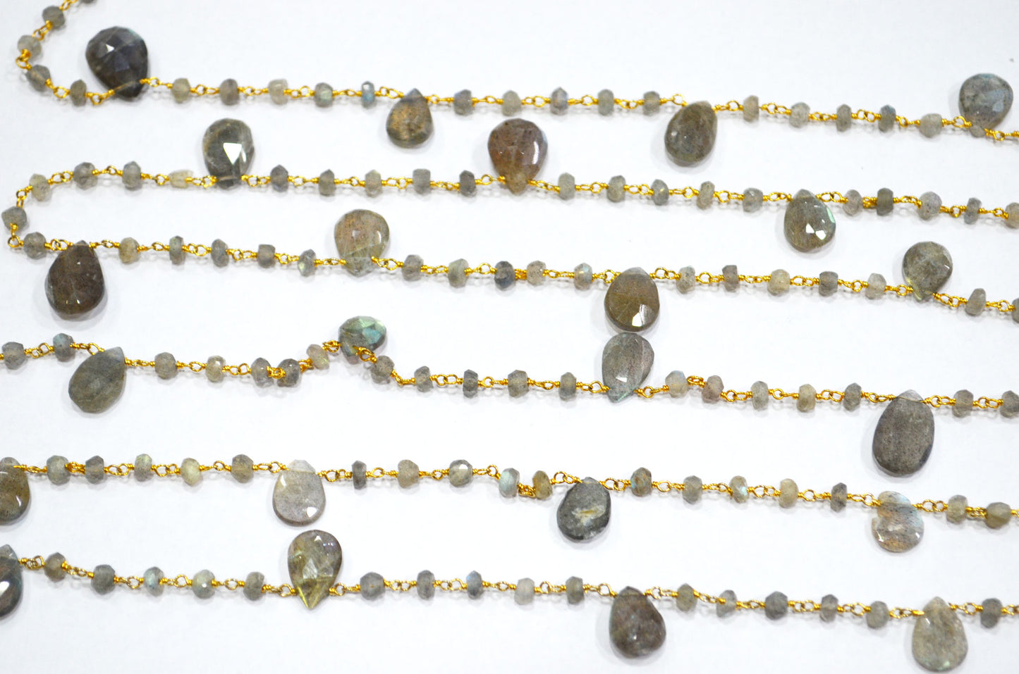 Labradorite Faceted Rondelle Shape Rosary Beaded Chain , Labradorite Faceted Pear Shape Wire Wrapped Chain , 4 - 4.50 mm , RB-5800