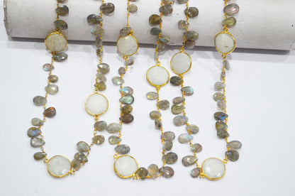 Labradorite Faceted Pear Shape Rosary Beaded Chain , Rainbow Moonstone Faceted Coin Shape Connector Wire Wrapped Chain , 5 - 15 mm , RB-5801
