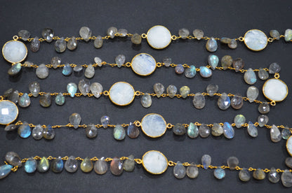 Labradorite Faceted Pear Shape Rosary Beaded Chain , Rainbow Moonstone Faceted Coin Shape Connector Wire Wrapped Chain , 5 - 15 mm , RB-5801