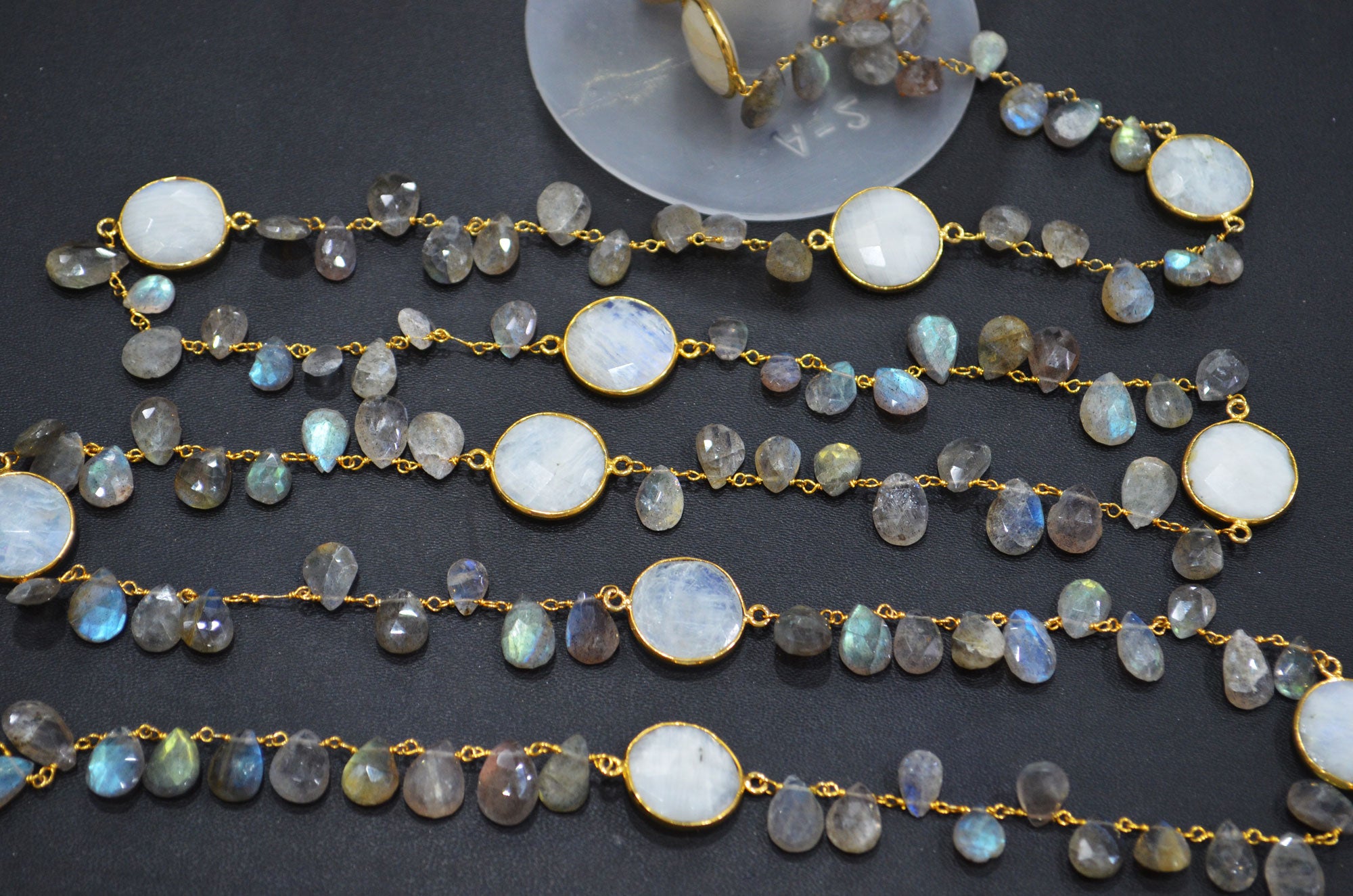 Labradorite Faceted Pear Shape Rosary Beaded Chain , Rainbow Moonstone Faceted Coin Shape Connector Wire Wrapped Chain , 5 - 15 mm , RB-5801