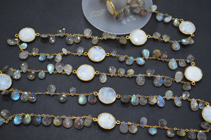 Labradorite Faceted Pear Shape Rosary Beaded Chain , Rainbow Moonstone Faceted Coin Shape Connector Wire Wrapped Chain , 5 - 15 mm , RB-5801