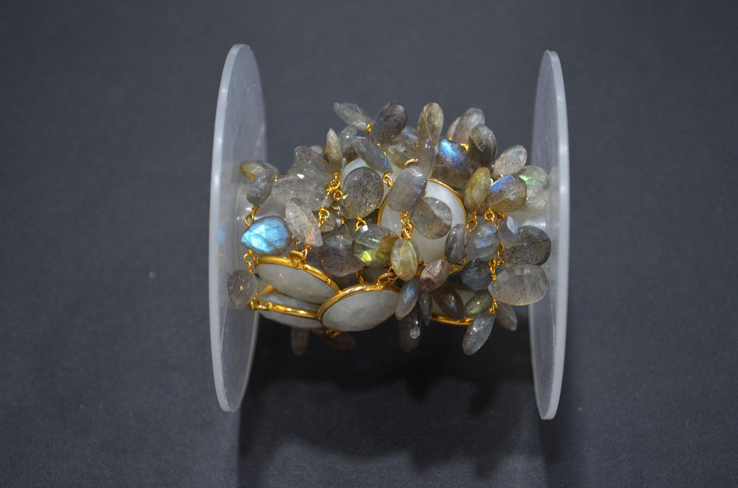 Labradorite Faceted Pear Shape Rosary Beaded Chain , Rainbow Moonstone Faceted Coin Shape Connector Wire Wrapped Chain , 5 - 15 mm , RB-5801