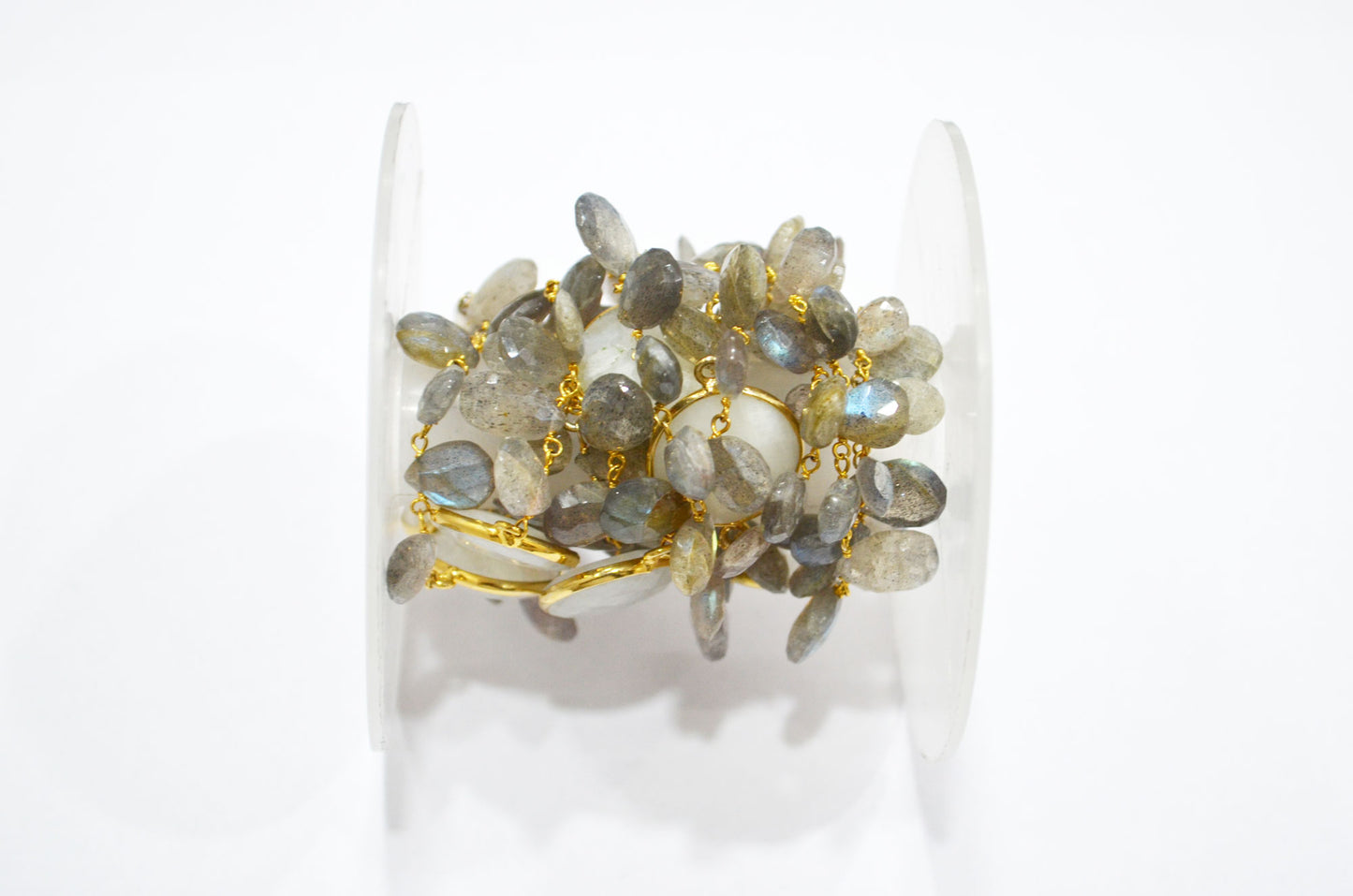 Labradorite Faceted Pear Shape Rosary Beaded Chain , Rainbow Moonstone Faceted Coin Shape Connector Wire Wrapped Chain , 5 - 15 mm , RB-5801