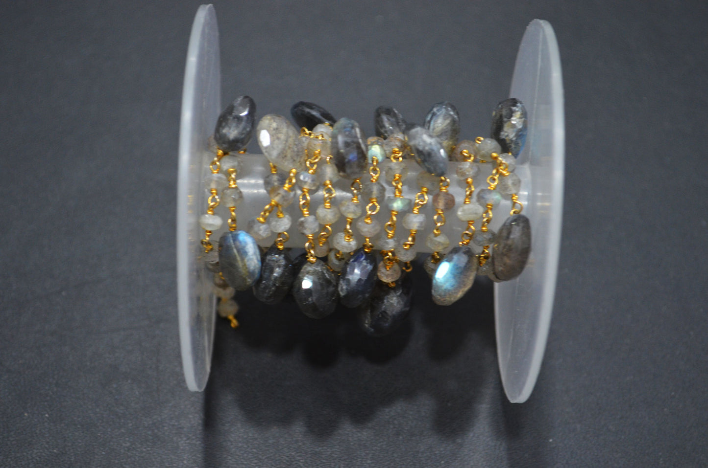 Labradorite Faceted Rondelle Shape Rosary Beaded Chain , Labradorite Faceted Heart Shape Wire Wrapped Chain , 4 - 4.25 mm , RB-5802