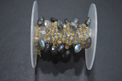 Labradorite Faceted Rondelle Shape Rosary Beaded Chain , Labradorite Faceted Heart Shape Wire Wrapped Chain , 4 - 4.25 mm , RB-5802