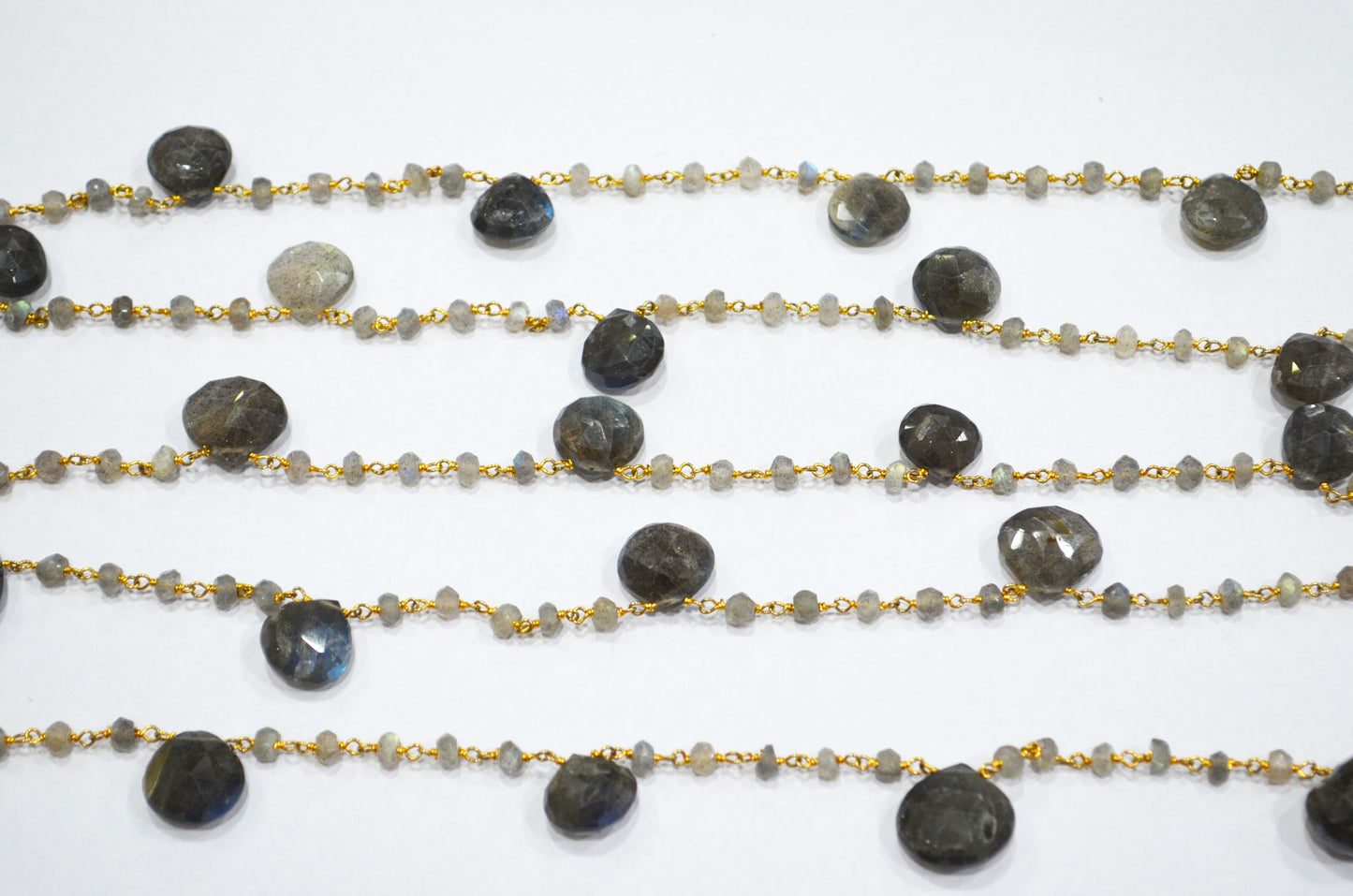 Labradorite Faceted Rondelle Shape Rosary Beaded Chain , Labradorite Faceted Heart Shape Wire Wrapped Chain , 4 - 4.25 mm , RB-5802